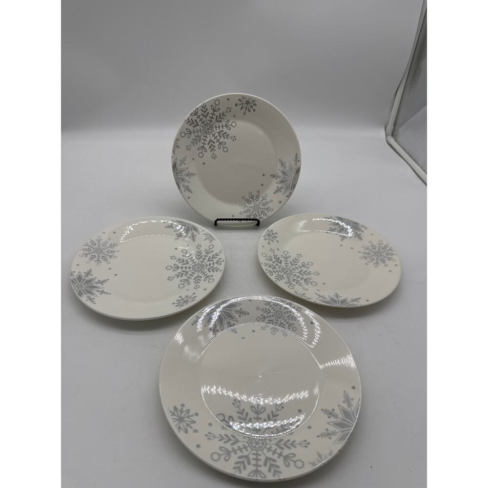 Set Of 4 Royal Norfolk Holiday Winter Silver Snowflake Ceramic Salad Plates, 8”